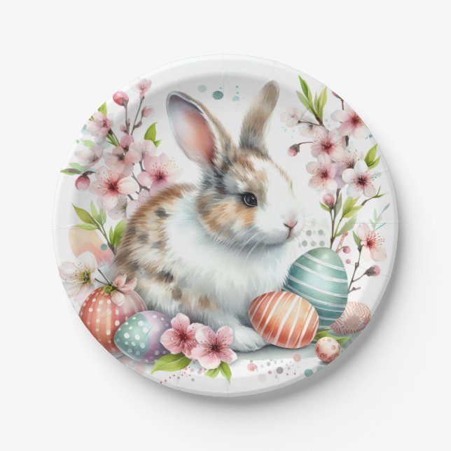 Plato De Papel Huevos y flores de conejo acuático de Pascua - (Anverso)