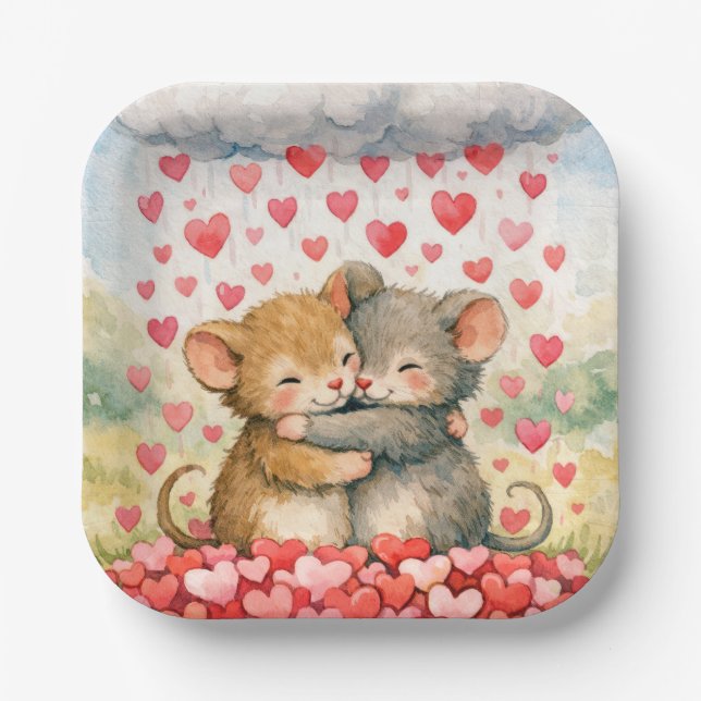 Plato De Papel Hugging Mice Under a Cloud of Hearts (Anverso)