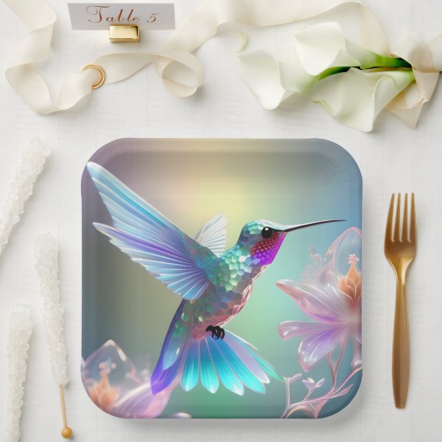Plato De Papel Hummingbird de vidrio arco iris, (Boda)