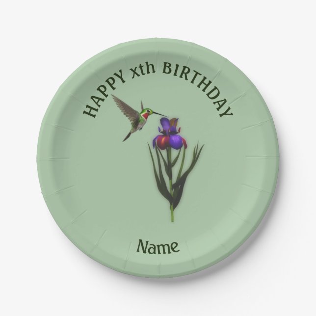Plato De Papel Hummingbird Feliz Cumpleaños Personalizado (Anverso)
