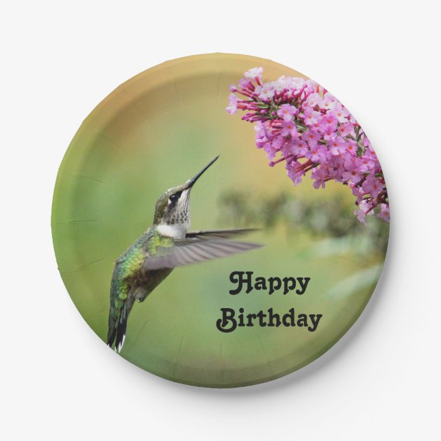 Plato De Papel Hummingbird Foto Floral Cumpleaños (Anverso)