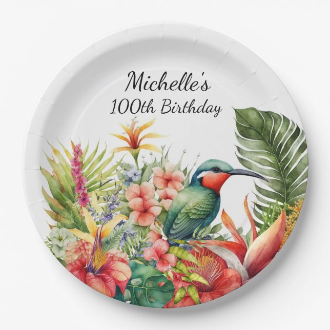 Plato De Papel Hummingbird Tropical Floral 100 cumpleaños (Anverso)