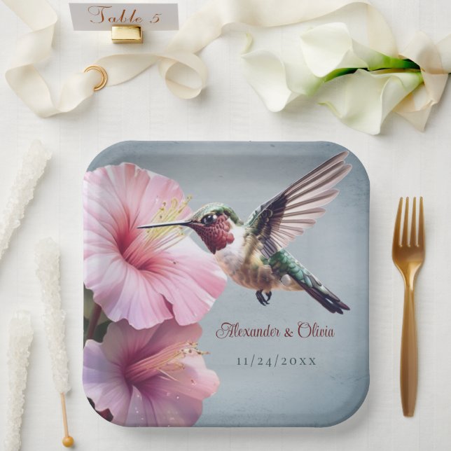 Plato De Papel Hummingbird y Boda de Hibiscus | Azul (Boda)
