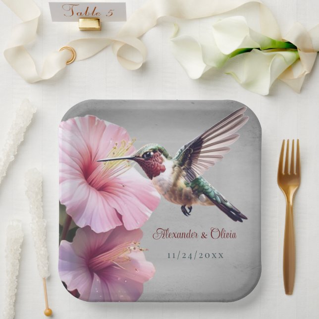 Plato De Papel Hummingbird y Boda de Hibiscus | Gris (Boda)