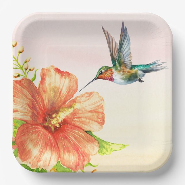 Plato De Papel Hummingbird y Hibiscus Flower (Anverso)