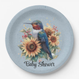 Plato De Papel Hummingbird y Sunflower Blue Baby Shower