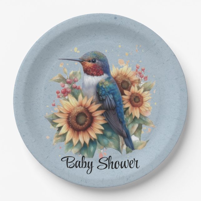 Plato De Papel Hummingbird y Sunflower Blue Baby Shower (Anverso)