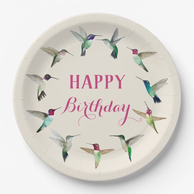 Plato De Papel Hummingbirds Placas de papel de cumpleaños felices (Anverso)
