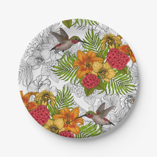 Plato De Papel Hummingbirds y el ramo tropical (Anverso)