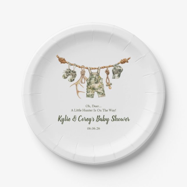 Plato De Papel Hunting Clothesline Camo Boy Baby Shower (Anverso)