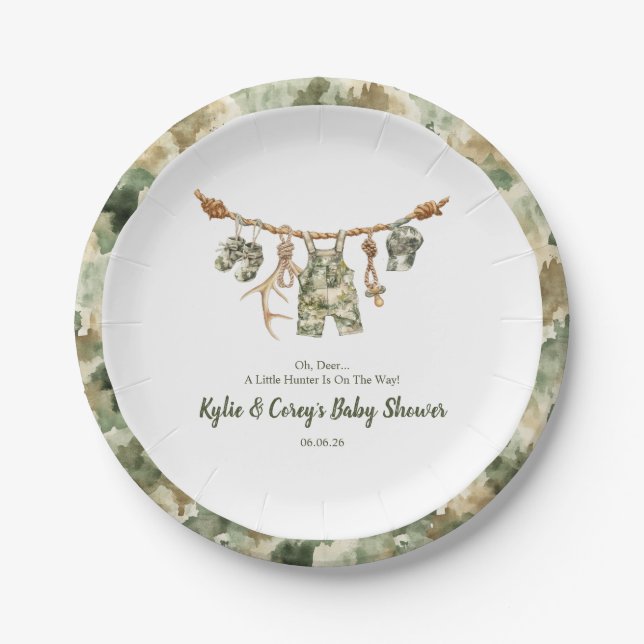 Plato De Papel Hunting Clothesline Camo Boy Baby Shower (Anverso)