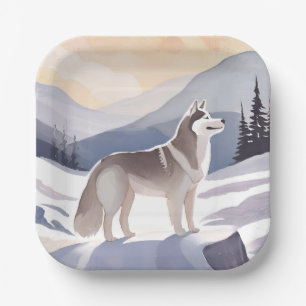 Plato De Papel Husky de Alaska Acuarela de Mountain Dog