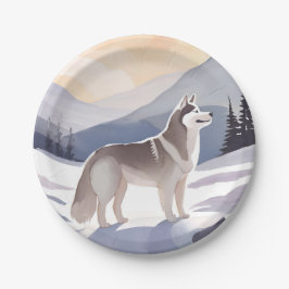 Plato De Papel Husky de Alaska | Acuarela de Mountain Dog