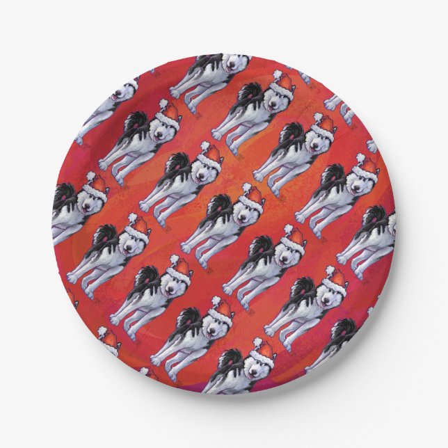 Plato De Papel Husky en Santa Hat en rojo (Anverso)