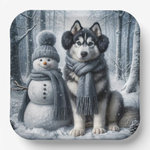 Plato De Papel Husky Siberiano Con Snowman