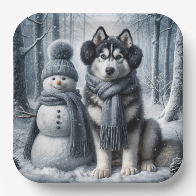 Plato De Papel Husky Siberiano Con Snowman (Anverso)