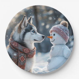 Plato De Papel Husky siberiano mirando a un hombre de nieve