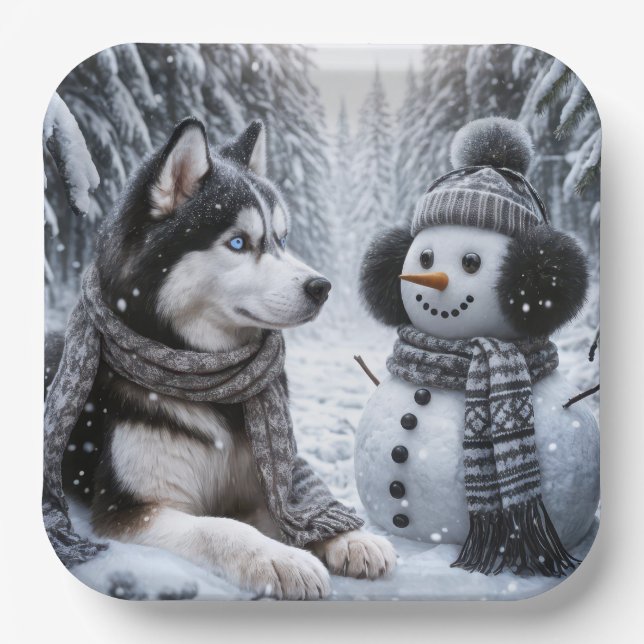 Plato De Papel Husky y Snowman en Winter Woods (Anverso)