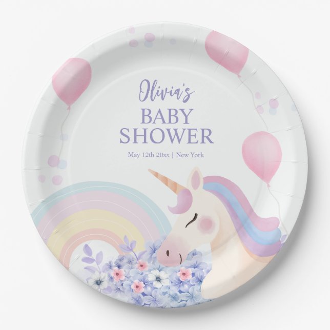 Plato De Papel Hydrangea Balloon Rainbow Unicorn Baby Shower (Anverso)