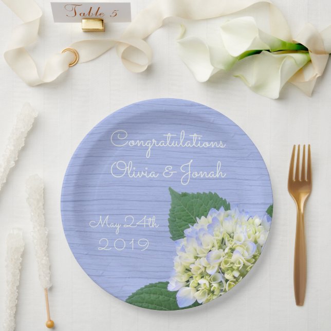 Plato De Papel Hydrangea Bloom Blue Wood Grain Boda (Boda)