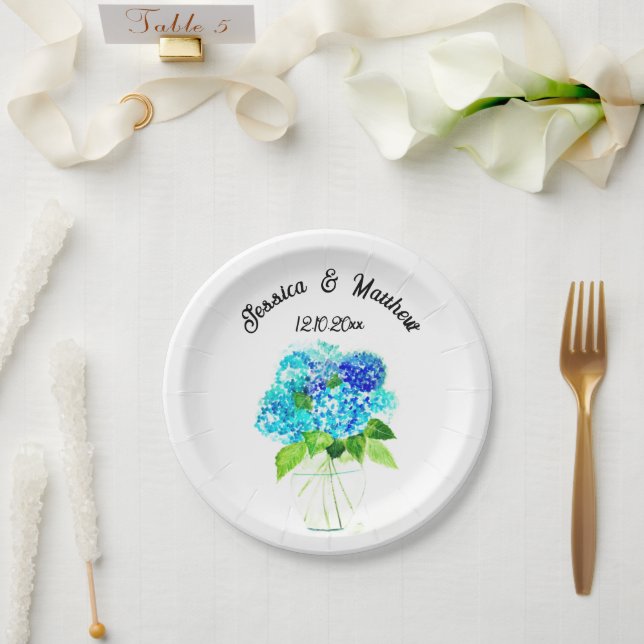 Plato De Papel Hydrangea Bodas de acuarela floral azul (Boda)