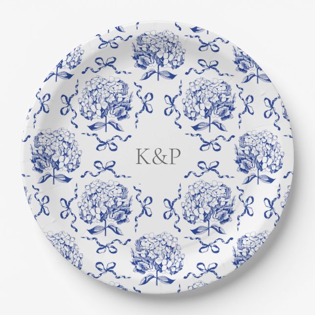 Plato De Papel Hydrangea Bow de Blue Toile Preppy con nombre (Anverso)