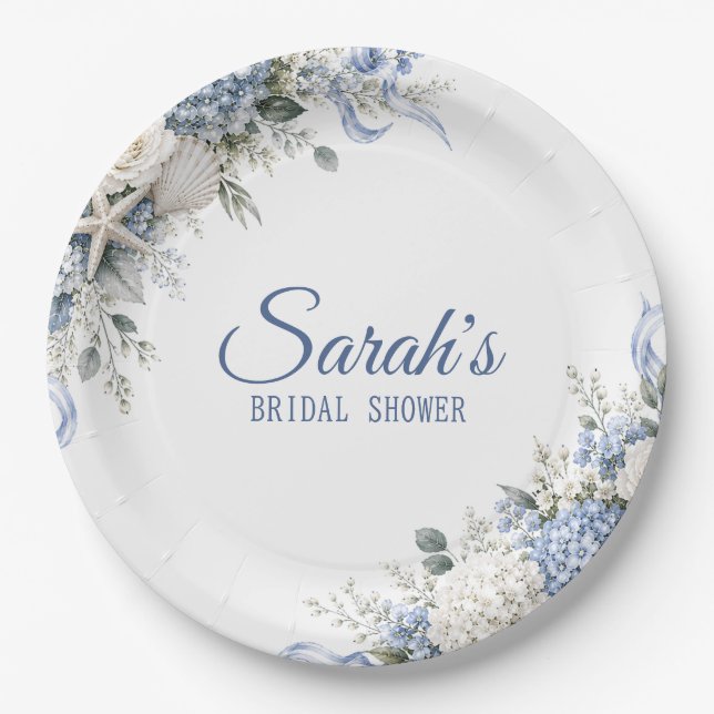 Plato De Papel Hydrangea Coastal Bridal Shower Personalized (Anverso)
