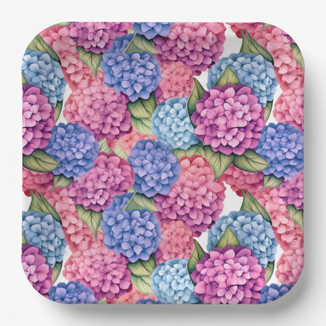 Plato De Papel Hydrangea Floral acuarela Azul rosa (Anverso)