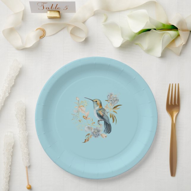Plato De Papel Hydrangea Flowers Blue Hummingbird (Boda)