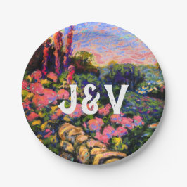 Plato De Papel Hydrangea rosa, jardín exuberante e Iniciales