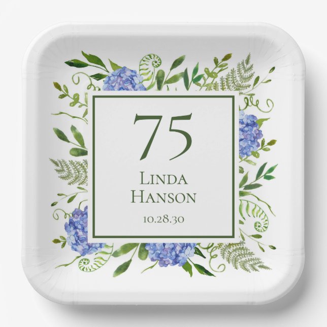 Plato De Papel Hydrangeas Azules Cumpleaños 75 (Anverso)