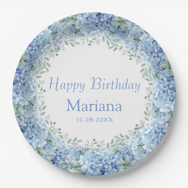 Plato De Papel Hydrangeas Azules Cumpleaños Floral Acuarela (Anverso)