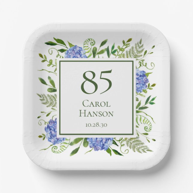 Plato De Papel Hydrangeas Azules para Cumpleaños 85 (Anverso)