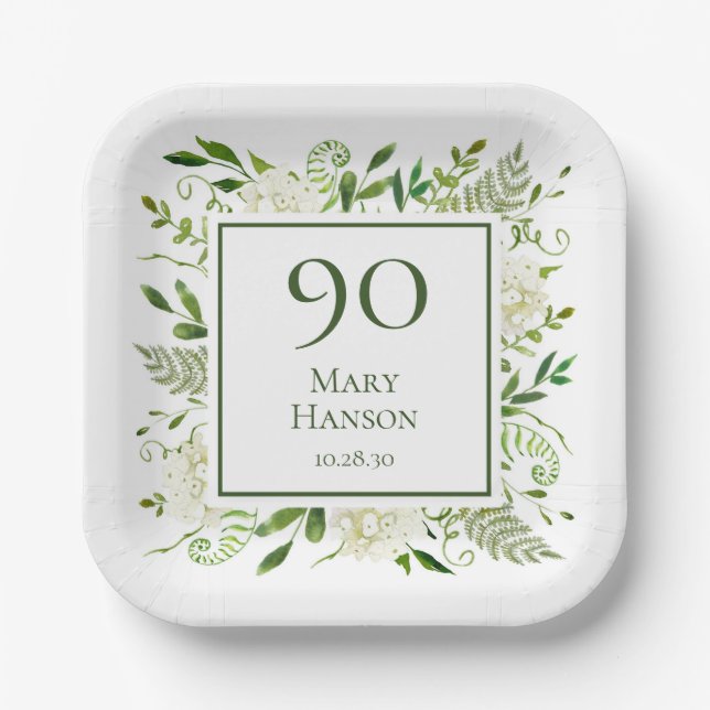 Plato De Papel Hydrangeas Blancas Cumpleaños 90 (Anverso)