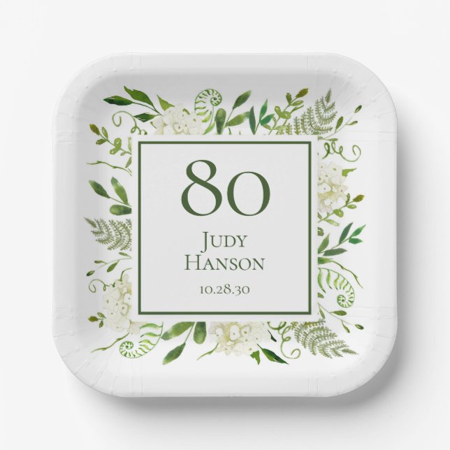 Plato De Papel Hydrangeas blancas para el 80 cumpleaños (Anverso)