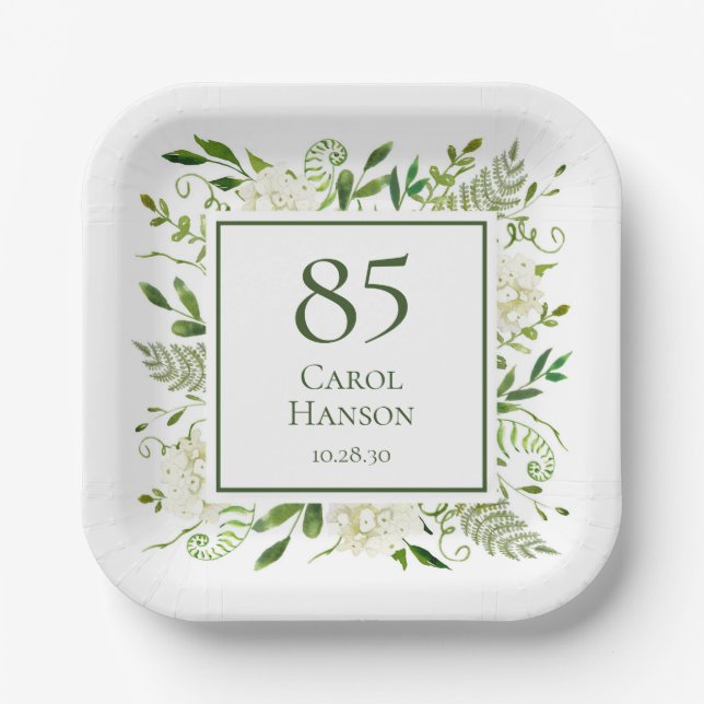 Plato De Papel Hydrangeas blancas para el 85 cumpleaños (Anverso)