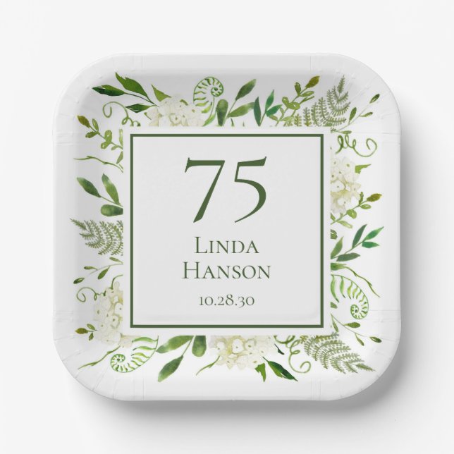 Plato De Papel Hydrangeas blancas por el 75 cumpleaños (Anverso)