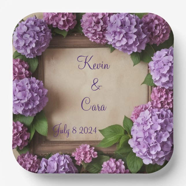 Plato De Papel Hydrangeas púrpura y rosa (Anverso)