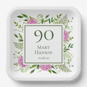 Plato De Papel Hydrangeas rosadas para el 90 cumpleaños