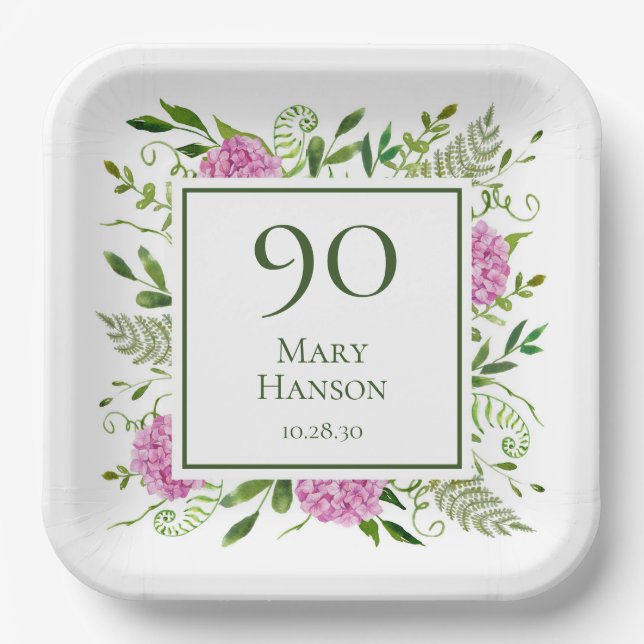 Plato De Papel Hydrangeas rosadas para el 90 cumpleaños (Anverso)