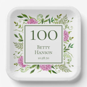 Plato De Papel Hydrangeas rosadas por cumpleaños 100