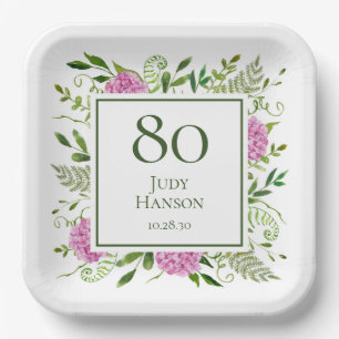 Plato De Papel Hydrangeas rosadas por el 80 cumpleaños