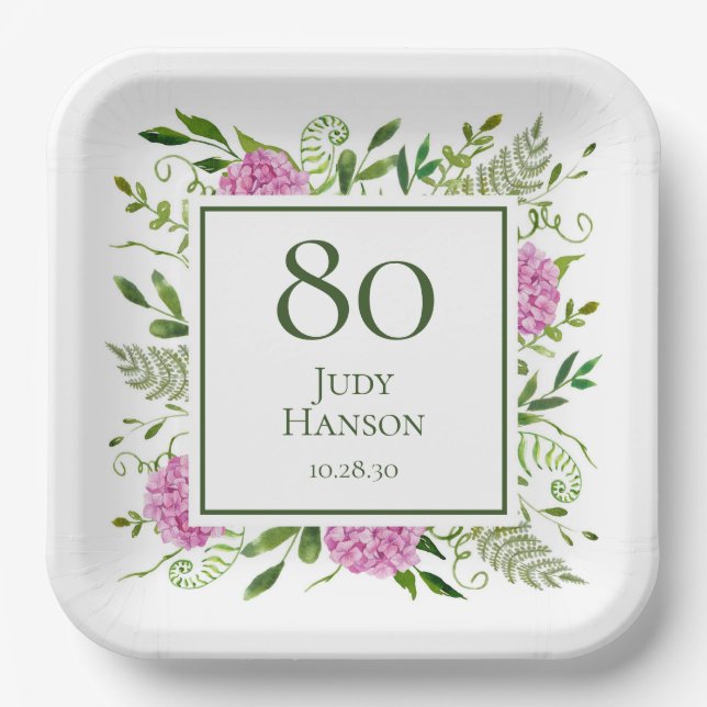 Plato De Papel Hydrangeas rosadas por el 80 cumpleaños (Anverso)