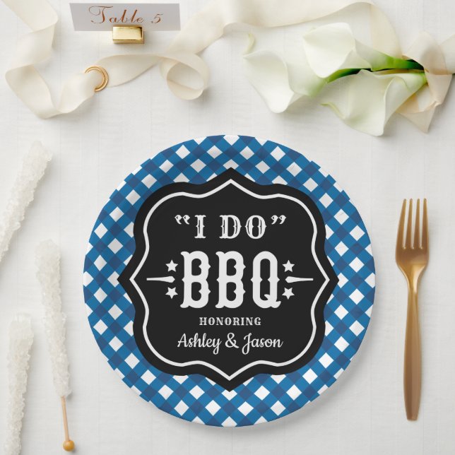 Plato De Papel I Do BBQ Blue Gingham Boda (Boda)