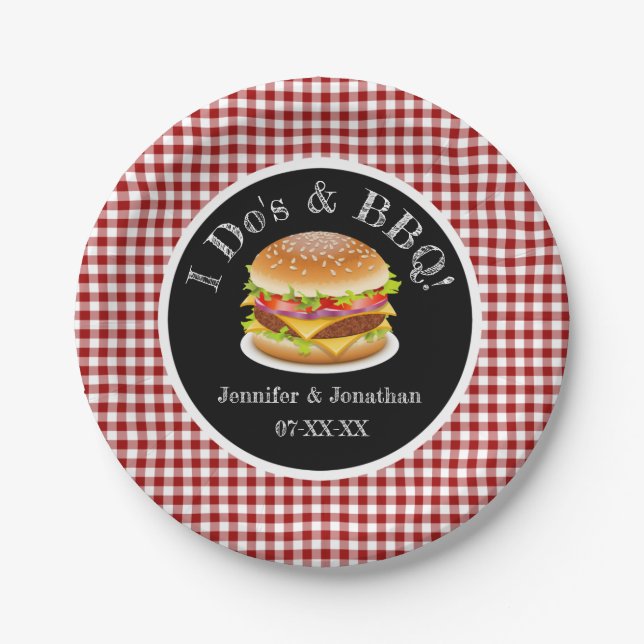 Plato De Papel I Do y BBQ Red Gingham Hamburger Casual Boda (Anverso)