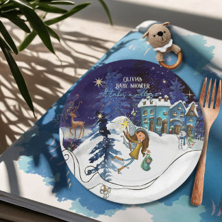 Plato De Papel Ice Blue Winter Village Baby Shower | Swirl Frame