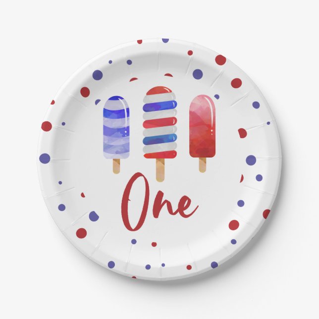 Plato De Papel Ice Pops One Red White Blue Primer Cumpleaños (Anverso)