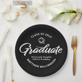 Plato De Papel Icono de gorra de graduación negra con letra blanc