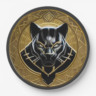 Plato De Papel Icono de Pantera Negra con Fondo Geométrico Dorado