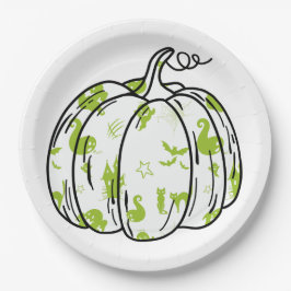 Plato De Papel Iconos de Halloween verdes lindos en calabaza